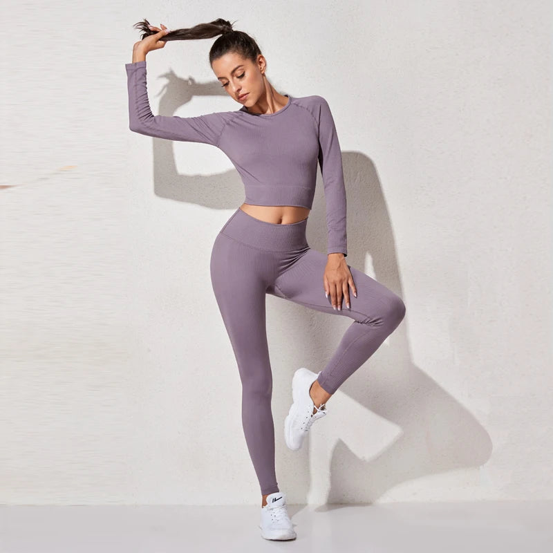 Women's Sportswear Yoga Set Workout Clothes Athletic Wear Sports Gym Legging Seamless Fitness Bra Crop Top Long Sleeve Yoga Suit
