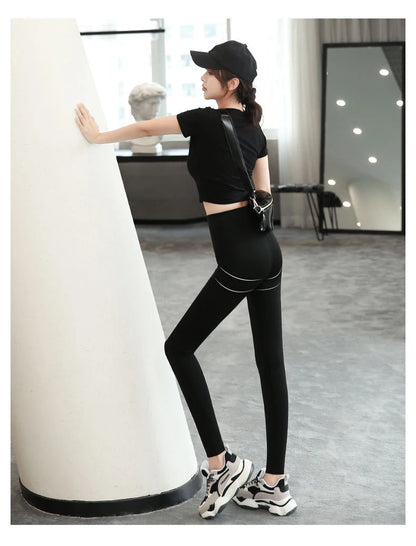 BIVIGAOS Micro Pressure Sharkskin Leggings Women Black Fitness Shaping Hip Lifting Leggings Skinny Slim Sport Workout Leggings