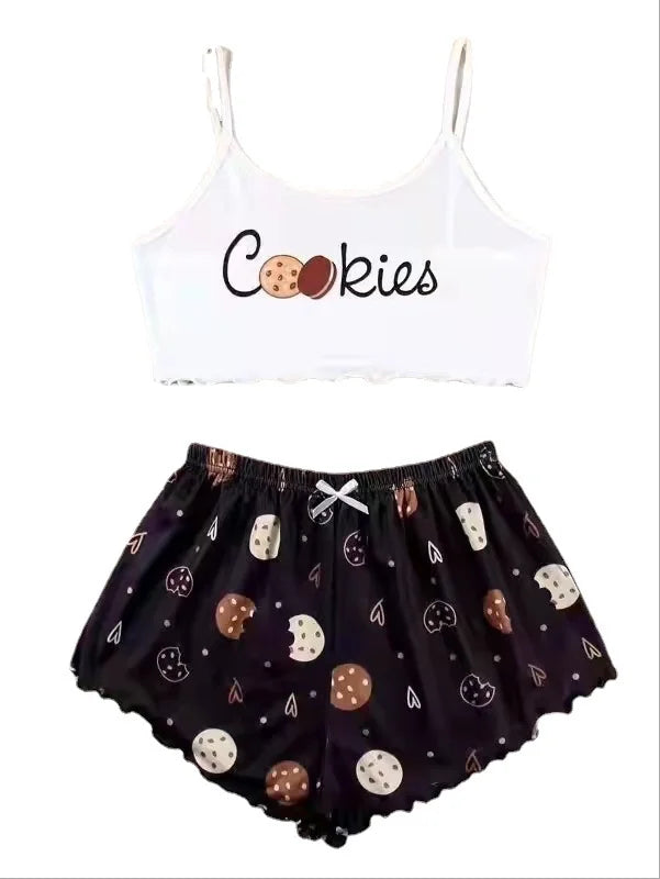 Heiße Damen-Nachtwäsche, süßer Cartoon-Druck, kurzes Set, Pyjama für Damen, Pyjama-Set, süßes Kurzarm-V-Ausschnitt und Shorts, Sommer-Pyjama