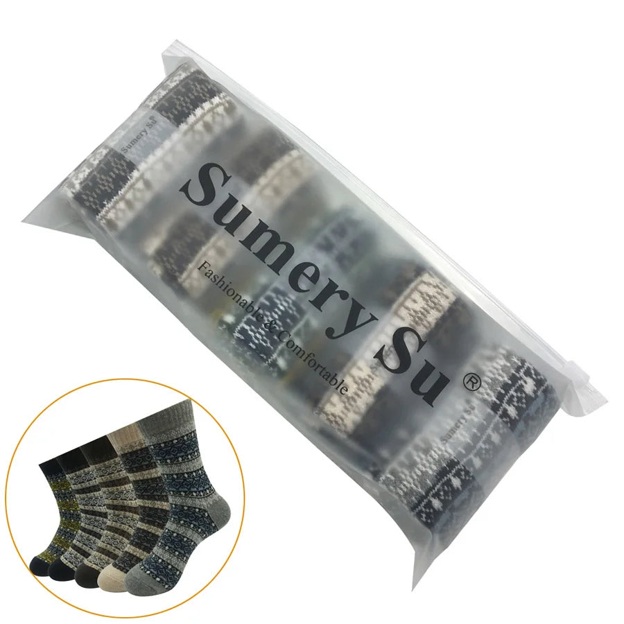 5 Pairs/Lot Wool Socks Men Winter Warm Cashmere Comfortable Long Crew Casual Bohemian Sock Male Gift for Husband Father 4 Styles