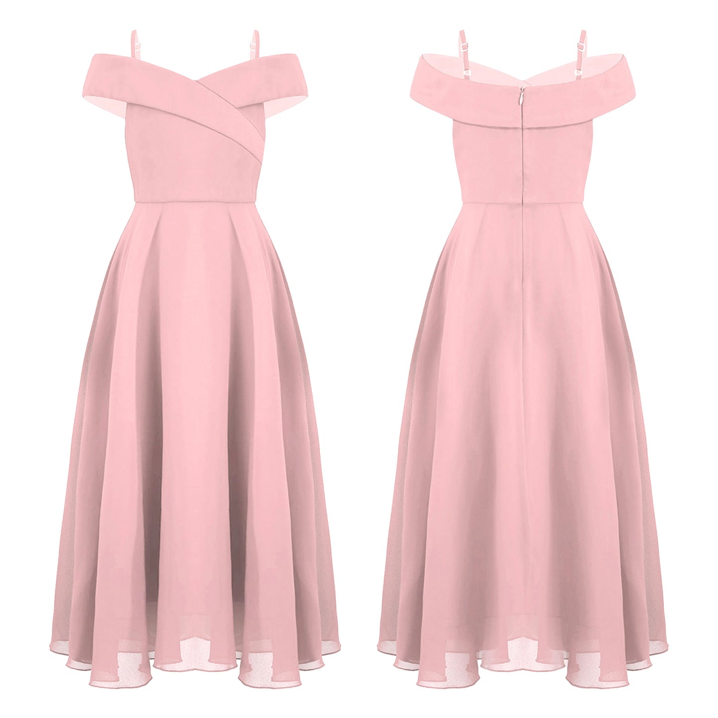 Elegantes Chiffon-Partykleid für Mädchen, schulterfrei, verstellbarer Spaghettiträger, bodenlanges Maxikleid für Hochzeit, Geburtstag, Abend