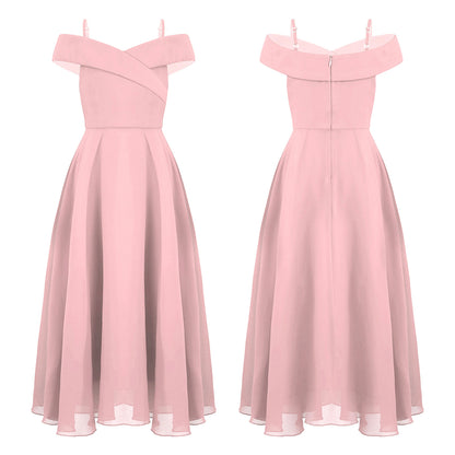Elegantes Chiffon-Partykleid für Mädchen, schulterfrei, verstellbarer Spaghettiträger, bodenlanges Maxikleid für Hochzeit, Geburtstag, Abend