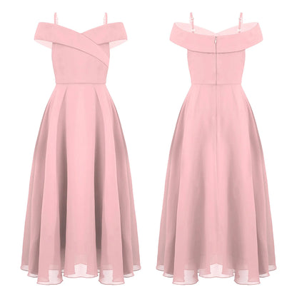 Elegantes Chiffon-Partykleid für Mädchen, schulterfrei, verstellbarer Spaghettiträger, bodenlanges Maxikleid für Hochzeit, Geburtstag, Abend