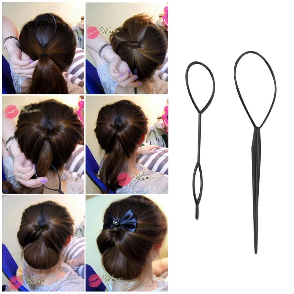 Plastic Hair Loop Styling Tool Magic Topsy Tail Hair Braid Ponytail Styling Clip Bun Maker For Girls Hairstyles.