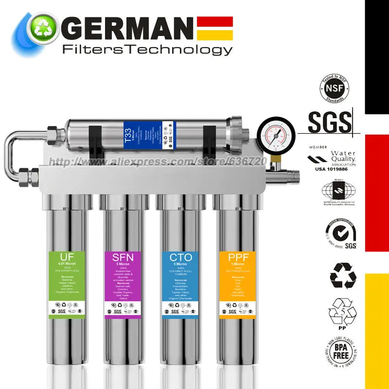 0.01μm Stainless Stee Ultra-Filtration Under Sink Water Filter System, Reduces 99.99% of Chlorine, Bad Taste & Odor.