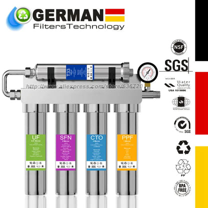 0.01μm Stainless Stee Ultra-Filtration Under Sink Water Filter System, Reduces 99.99% of Chlorine, Bad Taste & Odor.
