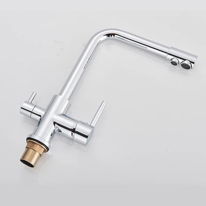 Filter Kitchen Faucet Chrome Drinking Pure Water Kitchen Tap Deck Mounted Dual Handles 3-Ways Hot and Cold Water Mixer