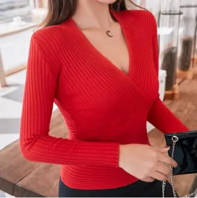 Kurze Grundlegende Pullover Frauen 2023 Sexy Tiefem V-ausschnitt Pullover frauen Pullover Schlank Bodenbildung Pullover Weibliche Elastische Baumwolle Tops