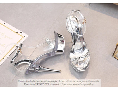 Sexy High Heels For Ladies Modern Sandals Electroplated Heel Women Shoes 2023 New Clear Peep Toe DRESS Crystal Shoes Size 43