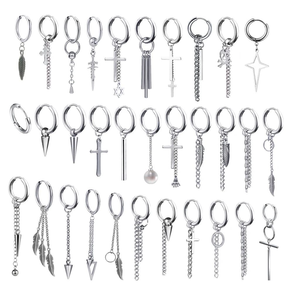 New Punk Stainless Steel Chain Hoop Earrings For Women Men 2023 Trendy Goth Pop Hip Hop Pendants Ear Jewelry Accessories Earring.