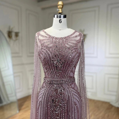 Taupe Cape Sleeves O Neck Beaded Evening Dresses Serene Hill LA70638 Mermaid Party Wear Gowns for Women.