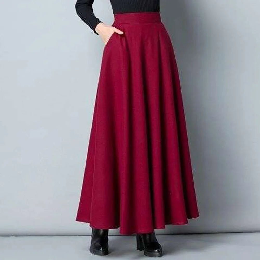 FairyShely 2025 Autumn Winter Retro High Waist Pleated Skirt Women Casual Pocket Woolen Maxi Skirt female Flare Red Long skirt.
