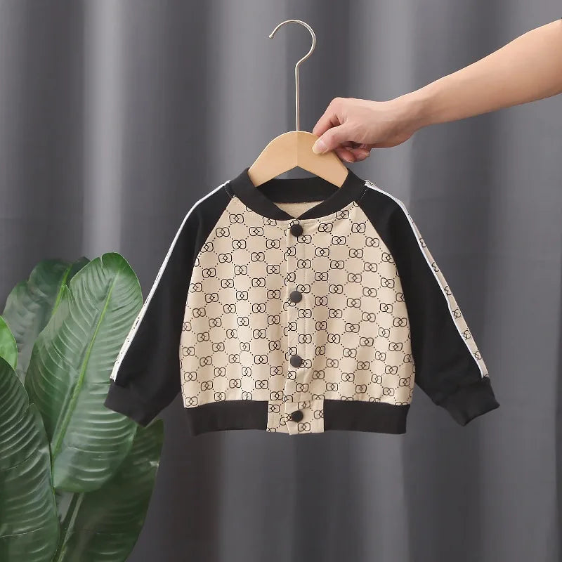 2022 Spring New Suit Boys Girls Baby Print Handsome Single-Breasted Children's Long-Sleeved Baseball Sshirt 2-Piece Set.