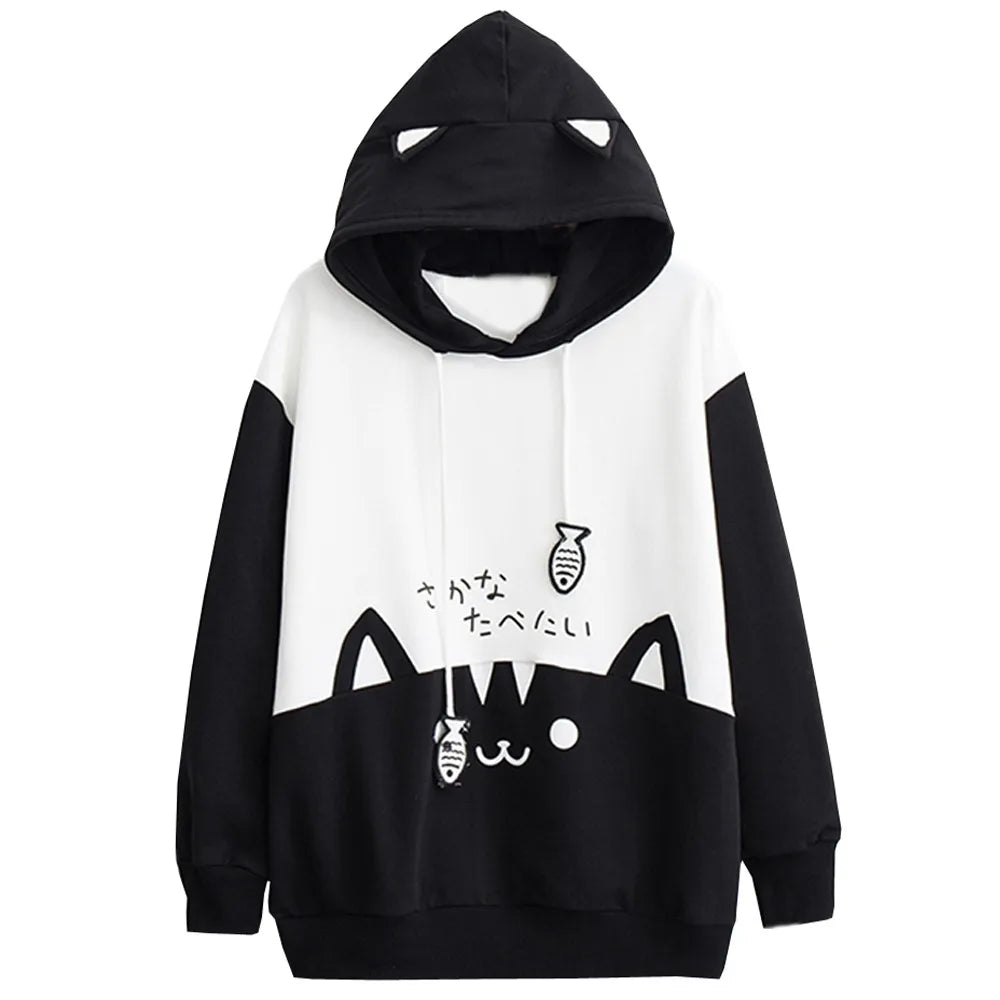 Spring Ladies Long Sleeve Cat Sweatshirt Womens Casual Kitty Cat Print Pocket Thin Hoodie Blouse Top Shirt худи женское платье