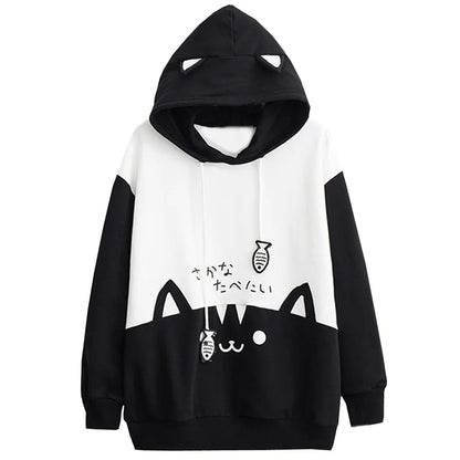 Spring Ladies Long Sleeve Cat Sweatshirt Womens Casual Kitty Cat Print Pocket Thin Hoodie Blouse Top Shirt худи женское платье