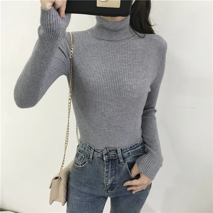 2025 herbst Winter Dicken Pullover Frauen Gestrickte Rippen Pullover Pullover Langarm Rollkragen Schlank Jumper Weiche Warme Pull Femme
