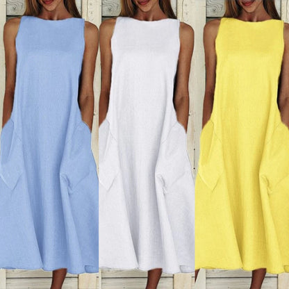 Sommer-Vintage-Kleid für Damen, ärmellos, einfarbig, O-Ausschnitt, Taschen, großer Saum, lässig, langes lockeres Kleid, Gelb.
