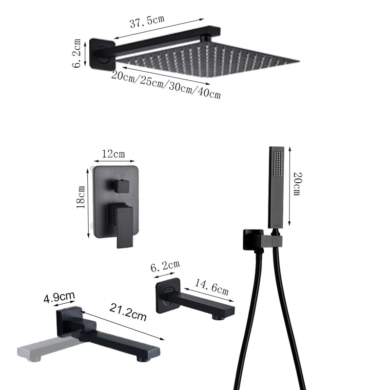 Matte Black Wall Mount Bathroom Shower Faucet 8/10/12/16 Inch Rainfall Mixed Hot Cold Water Mixer Bathtub Tap with Hand Sprayer