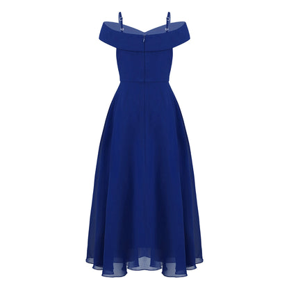Elegantes Chiffon-Partykleid für Mädchen, schulterfrei, verstellbarer Spaghettiträger, bodenlanges Maxikleid für Hochzeit, Geburtstag, Abend.