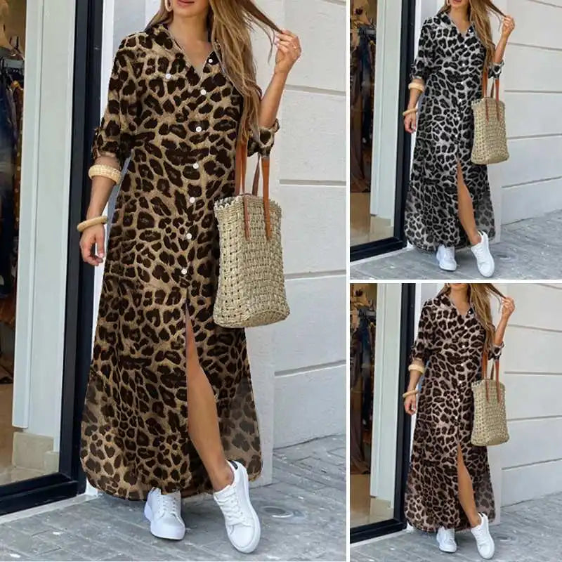 ZANZEA Party Vintage Leopard Robe Frauen 2025, Herbst Casual Langarm Maxi Lange Vestidos Kleid Mode Übergroßen Hemd Sommerkleid.
