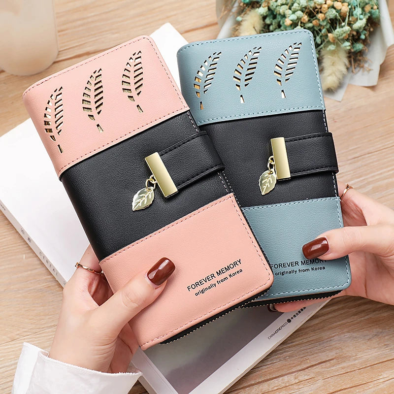 Hollow Leaves PU Leather Women's Long Wallet Fashion Female Coin Purses Hasp Zipper Clutch ID Credit Card Holders Money Bag Clip.