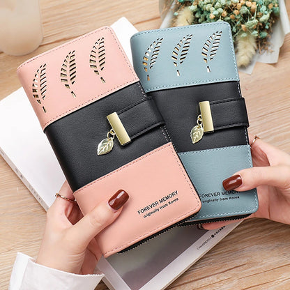 Hollow Leaves PU Leather Women's Long Wallet Fashion Female Coin Purses Hasp Zipper Clutch ID Credit Card Holders Money Bag Clip.