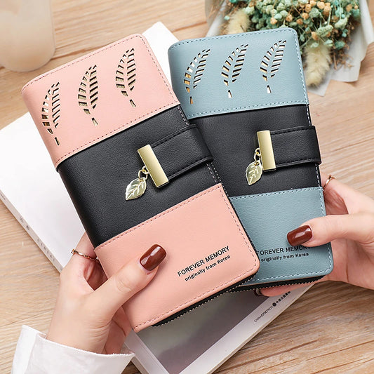 Hollow Leaves PU Leather Women's Long Wallet Fashion Female Coin Purses Hasp Zipper Clutch ID Credit Card Holders Money Bag Clip.