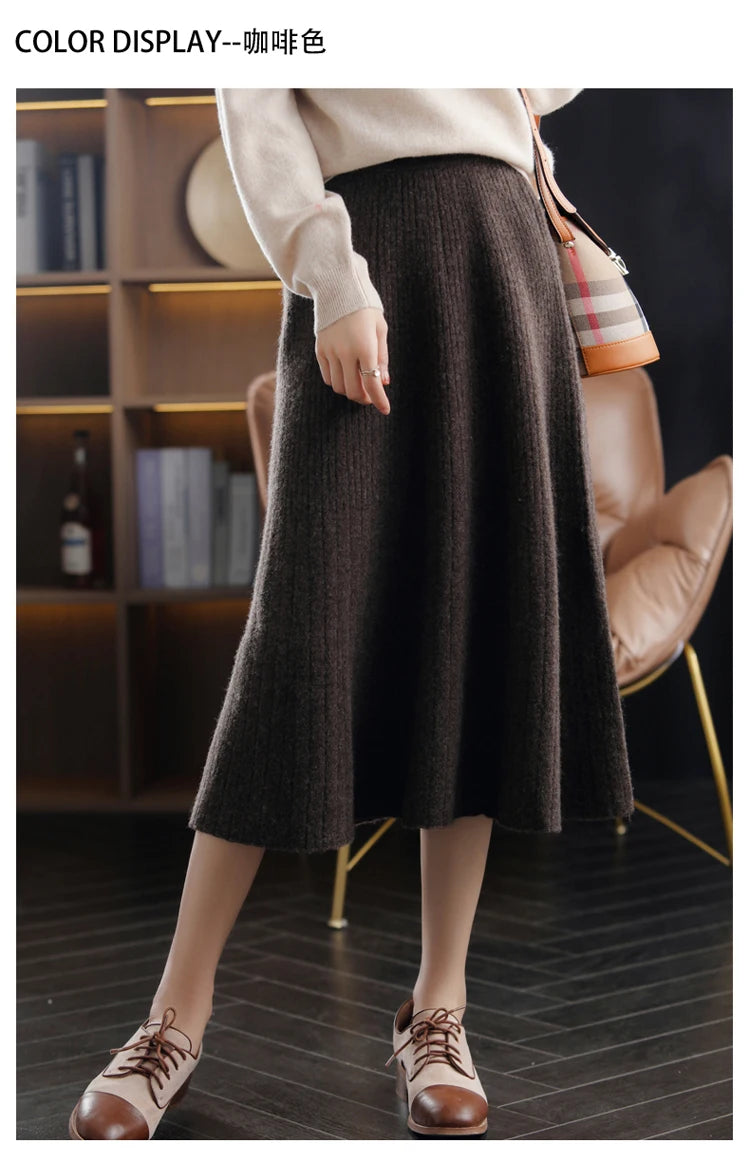 2025 Autumn New High-Waist 100%Pure Wool Pleated Long Skirt Women's Knit Base Skirt Fashion Pack Hip A-Line Cashmere Large Skirt