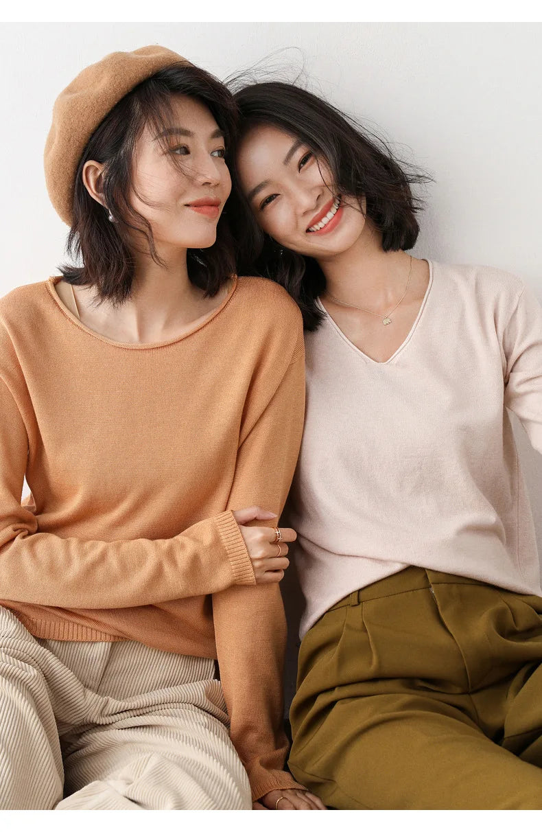 2025, frühling Herbst Frauen Pullover Solide Strickwaren Koreanische Lose Weibliche Grundlegende Casual Jumper Stretch Pullover Himmel Blau Rosa Pullover