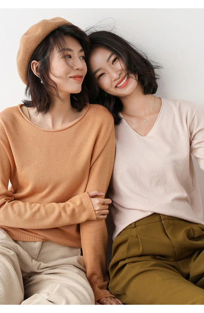 2025, frühling Herbst Frauen Pullover Solide Strickwaren Koreanische Lose Weibliche Grundlegende Casual Jumper Stretch Pullover Himmel Blau Rosa Pullover