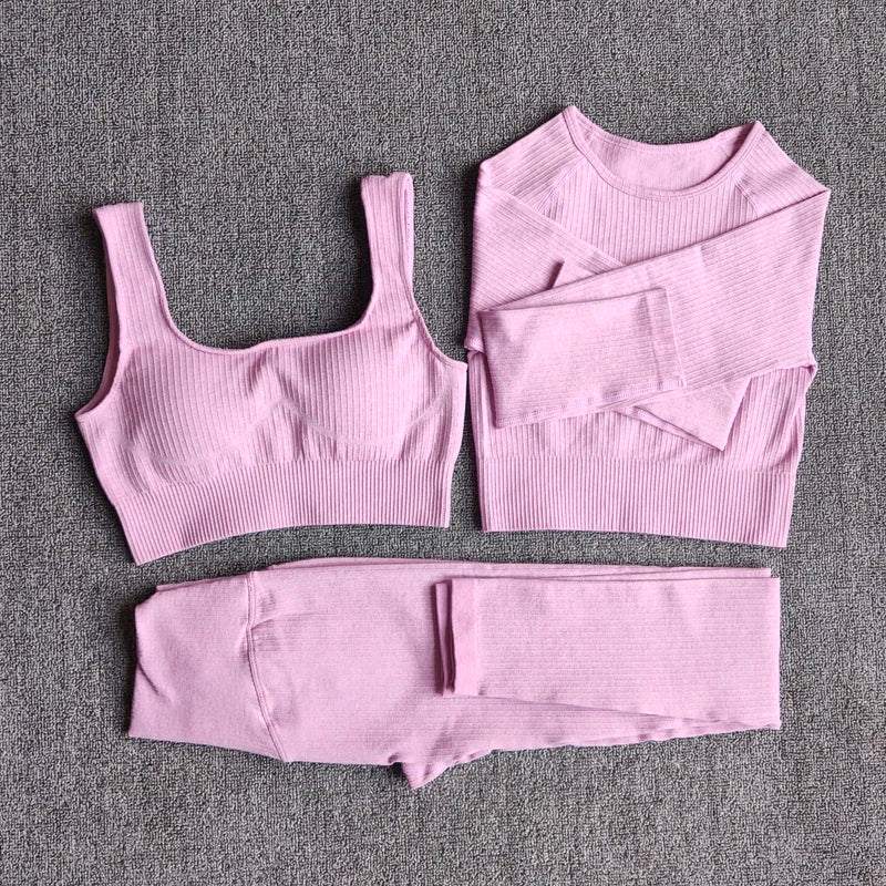 Women Seamless Fitness Yoga Suit Knitt Workout Long Sleeve Crop Top Sports Bra High Waist Running Leggings Gym Clothing 2/3Pcs