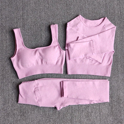 Women Seamless Fitness Yoga Suit Knitt Workout Long Sleeve Crop Top Sports Bra High Waist Running Leggings Gym Clothing 2/3Pcs