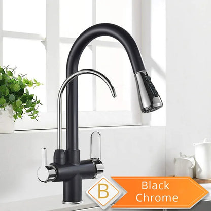 Purification Water Kitchen Faucet Black 360° Rotating Filter Water Faucets Pull Out Sprayer 3 Ways Hot Cold Water Mixer Tap