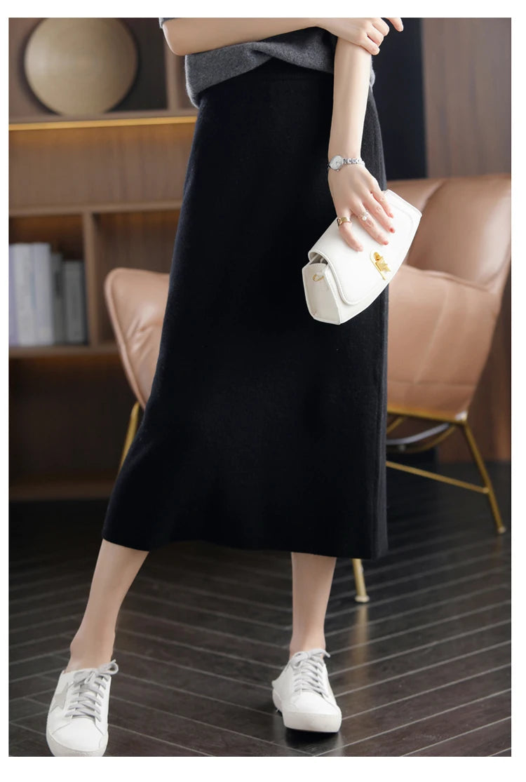 2024 Autumn Winter New 100%Pure Wool Knit Long Skirt Women Casual Thick Korean High Waist Pack Hip Cashmere Wild A-Line Skirt