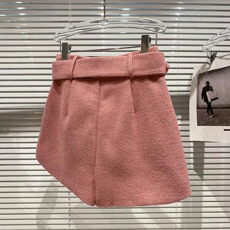 2022 Spring Autumn New shiny sequins Plaid Shorts with Belt for Lady Rhinestone Bright Silk Tweed Folding Short Boots Women