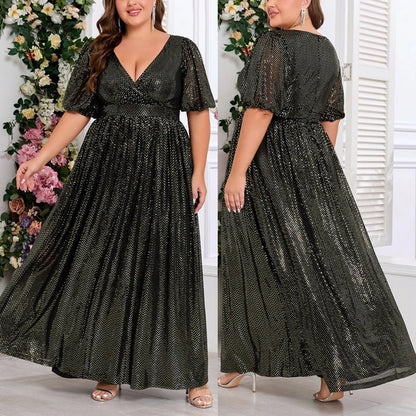 Trendy Luxury Plus Size Women Elegant Evening Dresses Short Sleeve A-line Shiny Party Dresses Women Church Dresses With Lining.