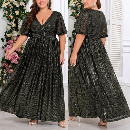Trendy Luxury Plus Size Women Elegant Evening Dresses Short Sleeve A-line Shiny Party Dresses Women Church Dresses With Lining.