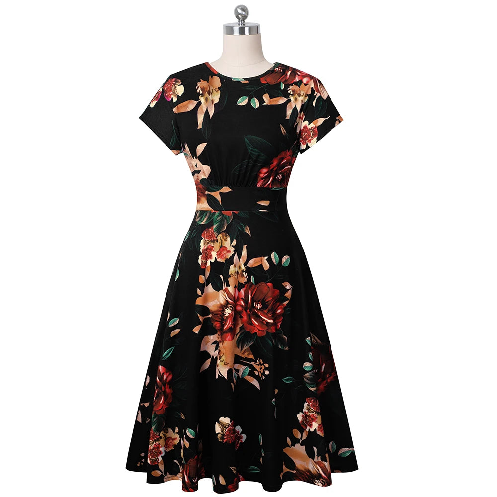 Nice-forever Vintage Elegante Blumen Druck Plissee Rundhals vestidos A-Line Pinup Business Party Frauen Flare Swing Kleid A102