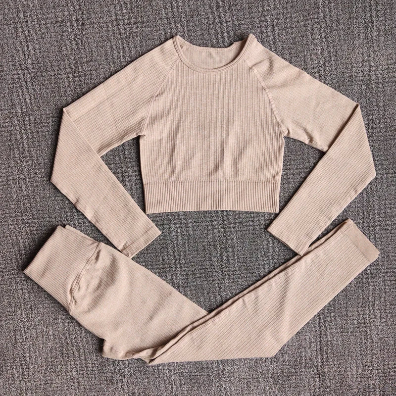 Women Seamless Fitness Yoga Suit Knitt Workout Long Sleeve Crop Top Sports Bra High Waist Running Leggings Gym Clothing 2/3Pcs