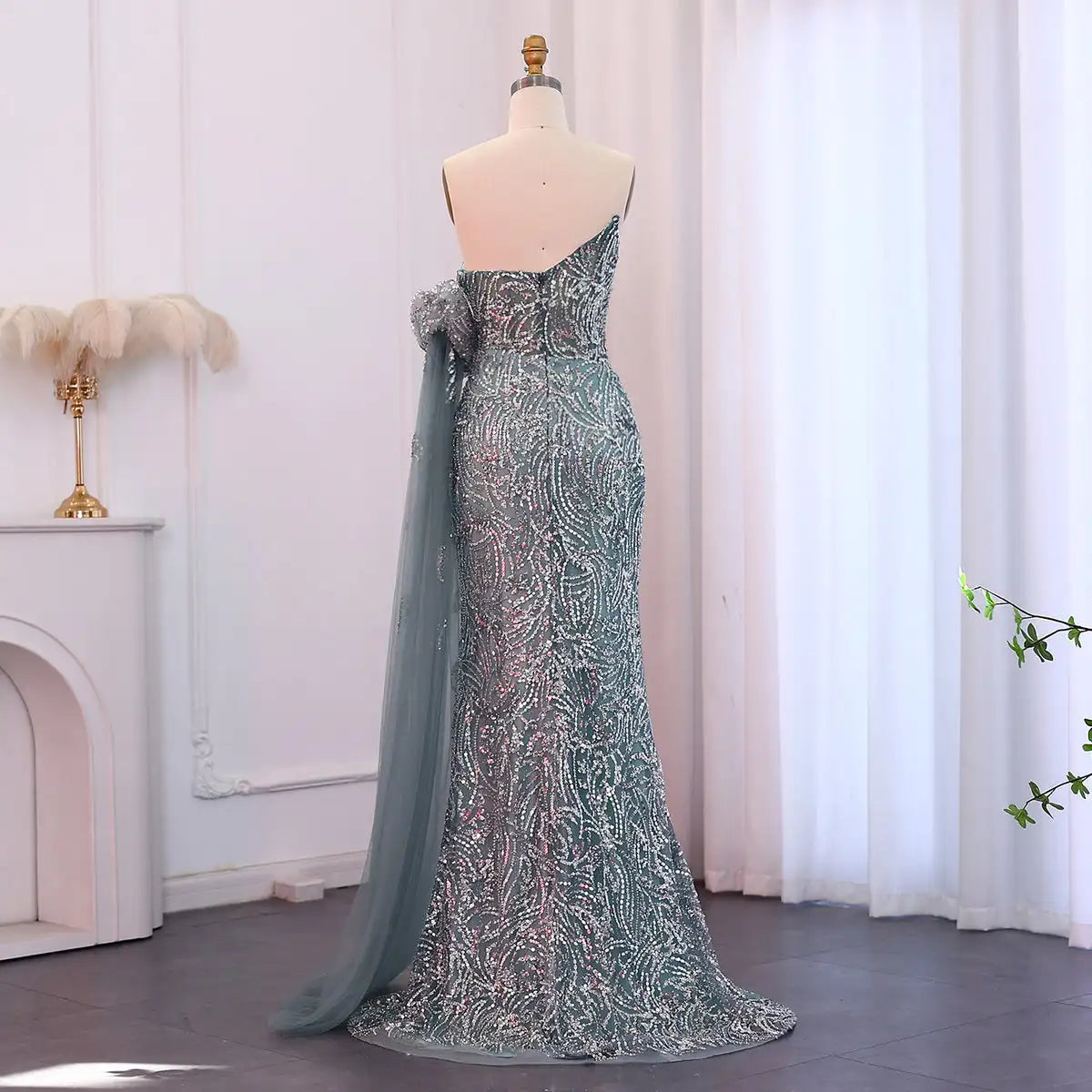 Jancember LSZ021 Asymmetric Sequins Mermaid Evening Party Dresses With Cape Sleeve.
