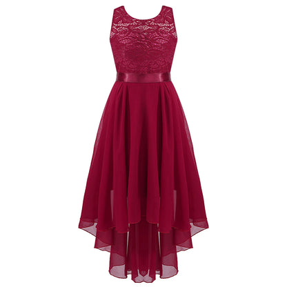 Blumenmädchen-Chiffonkleid mit floraler Spitze, Sommer, ärmellos, hoher, niedriger Saum, formelles Hochzeitskleid für Brautjungfer, Junior, Prinzessin