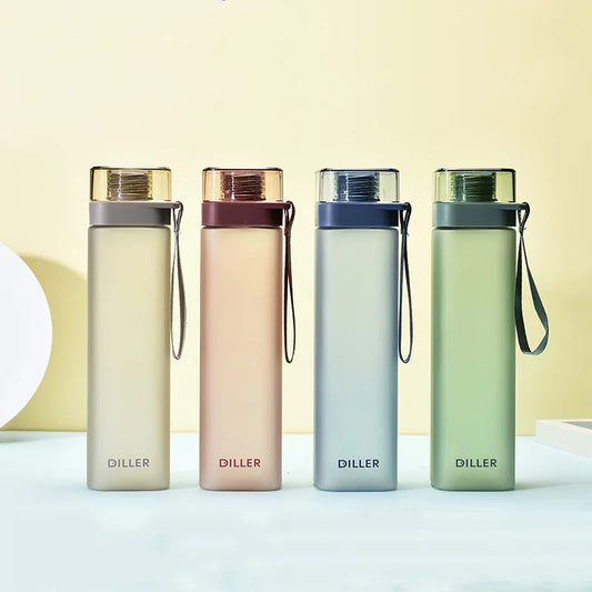 Fashion Square Frosted Plastic Water Bottle Portable Leakproof Transparent Gym Bottle Outdoor Sport Direct Drinking Cup BPA Free.