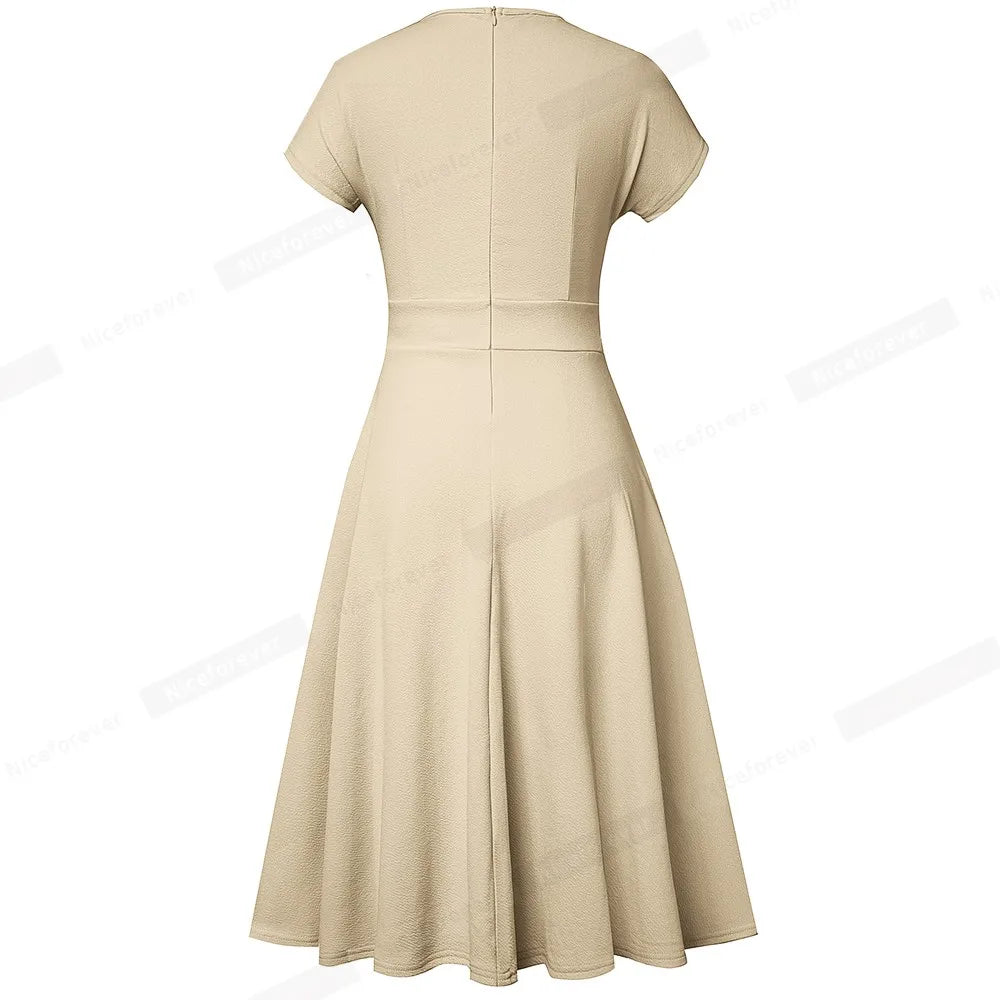 Nice-forever Vintage Elegante Blumen Druck Plissee Rundhals vestidos A-Line Pinup Business Party Frauen Flare Swing Kleid A102