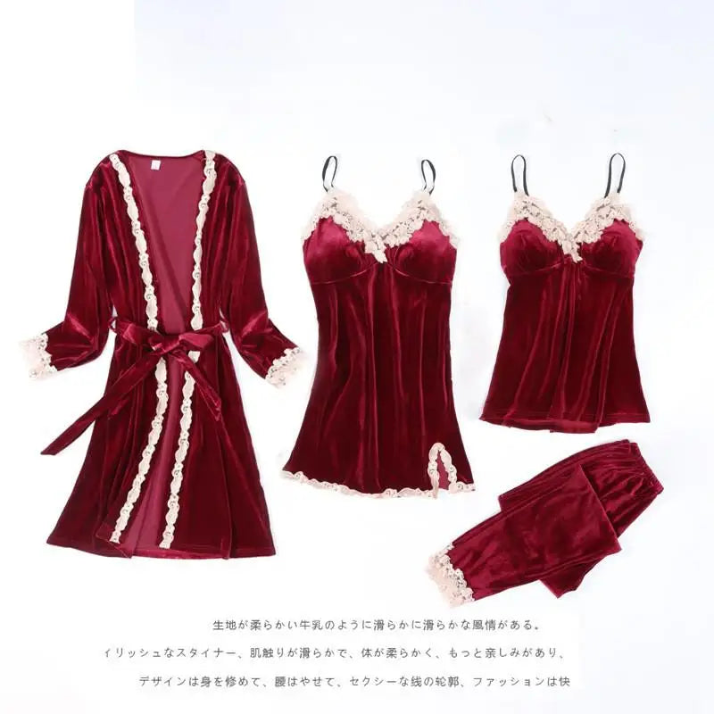 Autumn Velvet Women 4PCS Pajamas Set Sleepwear Burgundy Velour Bathrobe Nightwear Lace Patchwork Pijamas Suit Sexy Negligee.