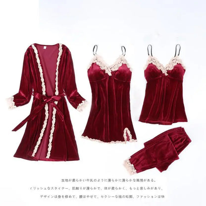 Autumn Velvet Women 4PCS Pajamas Set Sleepwear Burgundy Velour Bathrobe Nightwear Lace Patchwork Pijamas Suit Sexy Negligee.