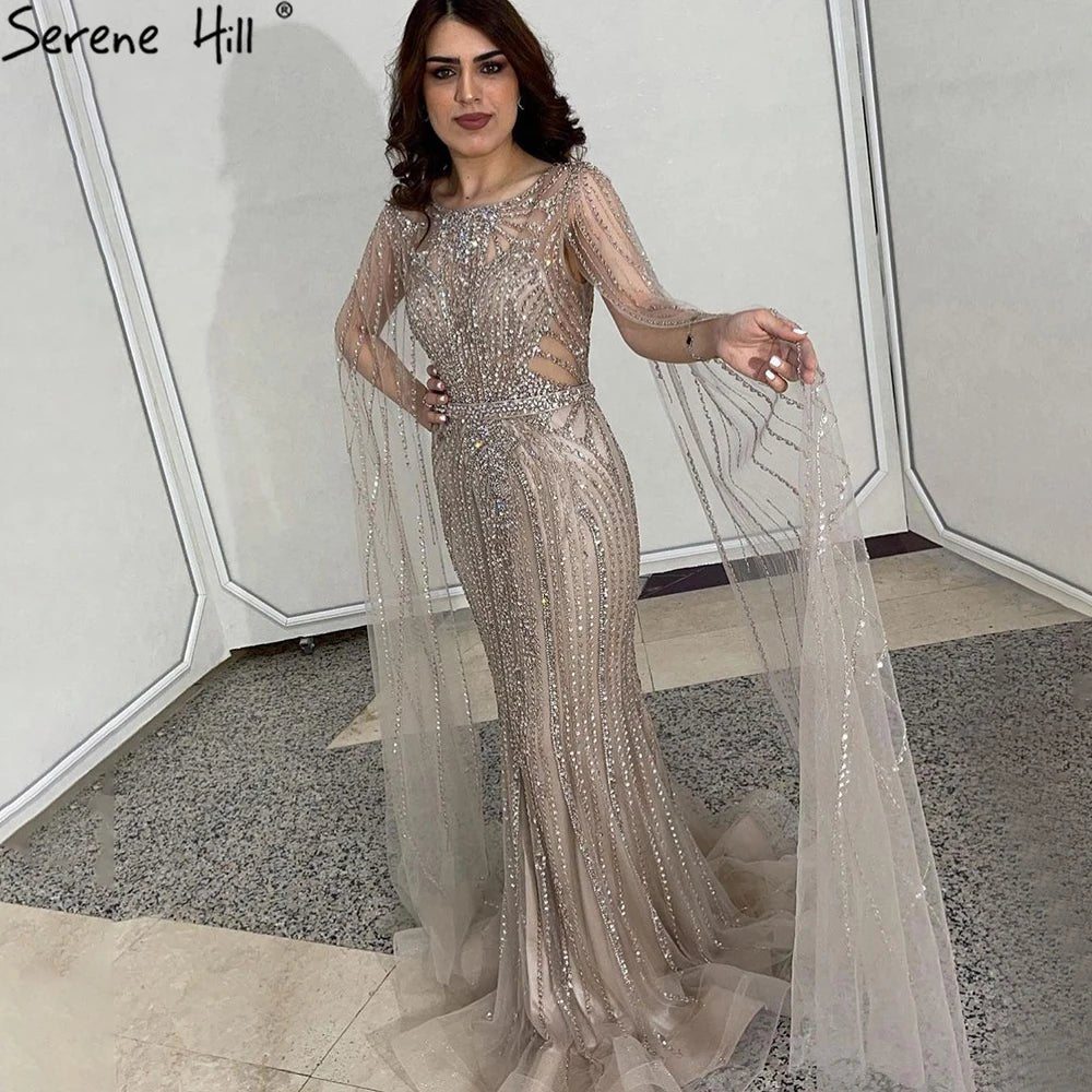 Taupe Cape Sleeves O Neck Beaded Evening Dresses Serene Hill LA70638 Mermaid Party Wear Gowns for Women.