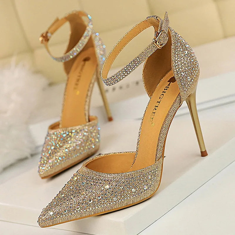 BIGTREE Shoes Shiny Rhinestones High Heels Ladies Shoes Women Pumps Stiletto Sweet Women Heels Wedding Shoes Women Sandals 10 Cm.