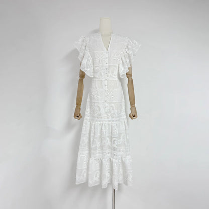 New Summer Elegant Embroidered Flowers Lotus Sleeves V-neck Woman Dress Lady Cotton Casual Dress.