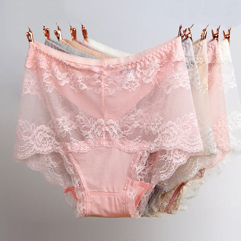 Women Modal Transparent Sexy Lace Underwear Plump Lady 3XL Large Size Hollow Seamless Panties High-Rise Soft Big Briefs.