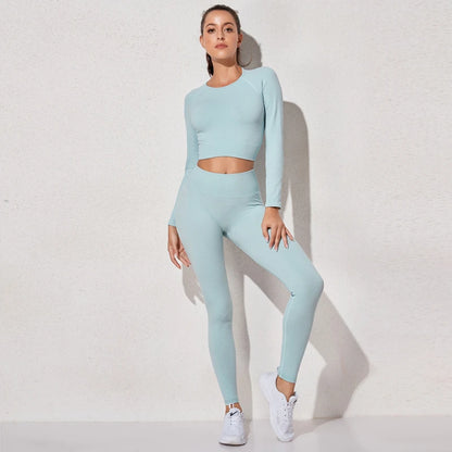 Women's Sportswear Yoga Set Workout Clothes Athletic Wear Sports Gym Legging Seamless Fitness Bra Crop Top Long Sleeve Yoga Suit.